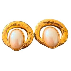 Vintage Showy Runway Huge Gold Plated Pearl Button Clip-On Earrings